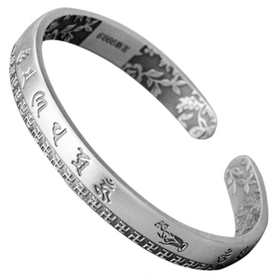 六字真言9999纯银手镯男女心经做旧卍字手环金刚经文实心足银镯子
