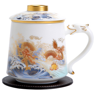 君器羊脂玉瓷茶杯陶瓷内胆个人专用白瓷办公杯茶水分离杯礼盒套装