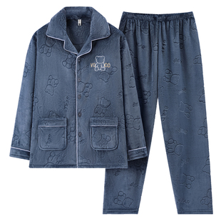 2025秋冬加厚提花法兰绒睡衣男士加肥大码中老年珊瑚绒家居服套装