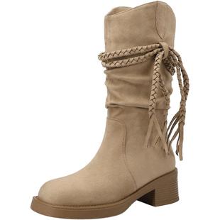 木林森女鞋2025新款秋冬复古流苏西部靴方跟女士长筒靴百搭时装靴