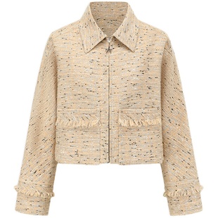 【deepmoss】潮流复古优雅女装时尚气质砂石花纱翻领短夹克外套