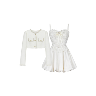 安妮不火 雪尼尔蕾丝缎面拼接花苞公主裙女微胖大码气质两件套装