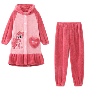 女童睡衣高端法兰绒可爱小马宝莉小女孩毛绒冬天加厚长款睡袍连帽