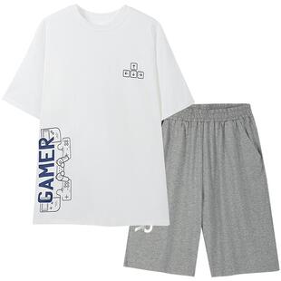 英博伦男童睡衣夏季纯棉薄款青少年简约短袖套装男大童外出家居服