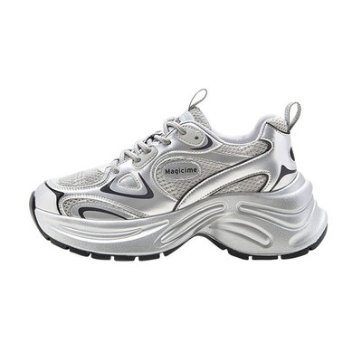 奥古狮登秋冬银色轻便加绒老爹鞋