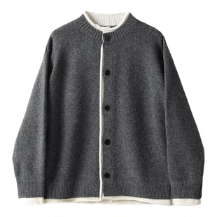 LUUD 男冬重磅加厚羊毛混纺针织开衫卷边收口假两件软糯毛衣外套