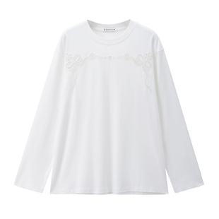 设计师款佐丹奴2026年春纯棉镂空绣花宽松圆领长袖T恤女18325922