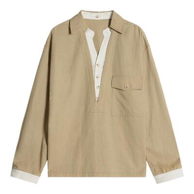 Unvesno(UN)假两件莱赛尔V领撞色宽松休闲长袖衬衫秋季