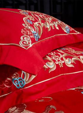 纯棉枕套 刺绣大红色单人枕头皮48*74CM一对婚庆结婚床品龙姿凤采