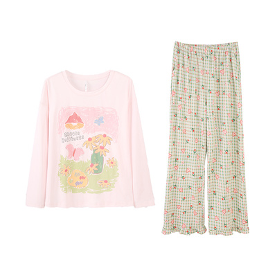 安之伴【巨柔软】睡衣女款春秋季纯棉甜美长袖长裤宽松家居服套装