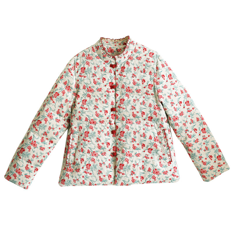 复古灯芯绒印花羽绒服女冬季短款