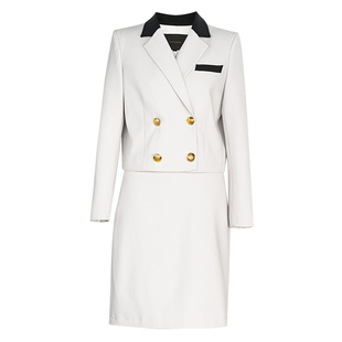 罗衣职场穿搭白领西装套装女春季通勤米白外套连衣裙两件套07945
