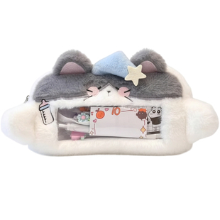 瞌睡小猫毛绒学生前窗透明笔袋大容量高颜值文具盒小红书同款收纳