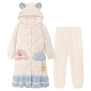 睡衣女款冬季三层夹棉加厚保暖甜美2026新款可外穿秋冬家居服套装