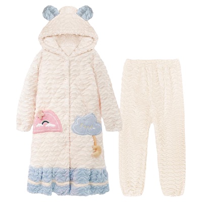 睡衣女三层夹棉加厚保暖家居服