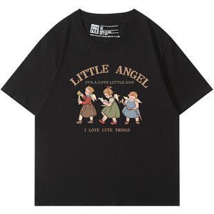 可甜可盐减龄校园风黑色短袖t恤女宽松百搭正肩纯棉半袖上衣夏潮