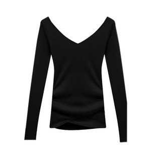 2025冬季新款长袖T恤女露背性感深V领百搭修身纯色上衣大码女装