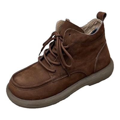 真皮加绒短靴女冬季复古系带马丁靴休闲厚底靴子加厚棉靴二棉靴