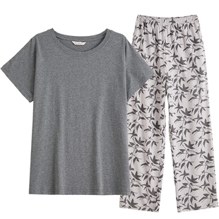 康妮雅纯棉睡衣女款胸垫新款夏季全棉短袖长裤妈妈休闲家居服套装