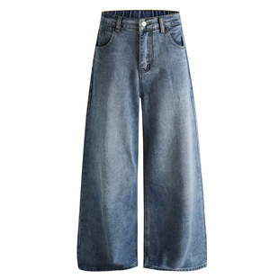 @港仔文艺男 水洗牛仔裤男春季2026新款美式宽松阔腿直筒裤子男款