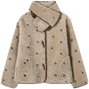 慕兔法式复古波点外套女2025冬季新款小个子加厚保暖皮毛一体上衣