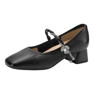 星期六水钻真皮玛丽珍鞋女鞋2026春季新款法式粗跟浅口单鞋配裙子