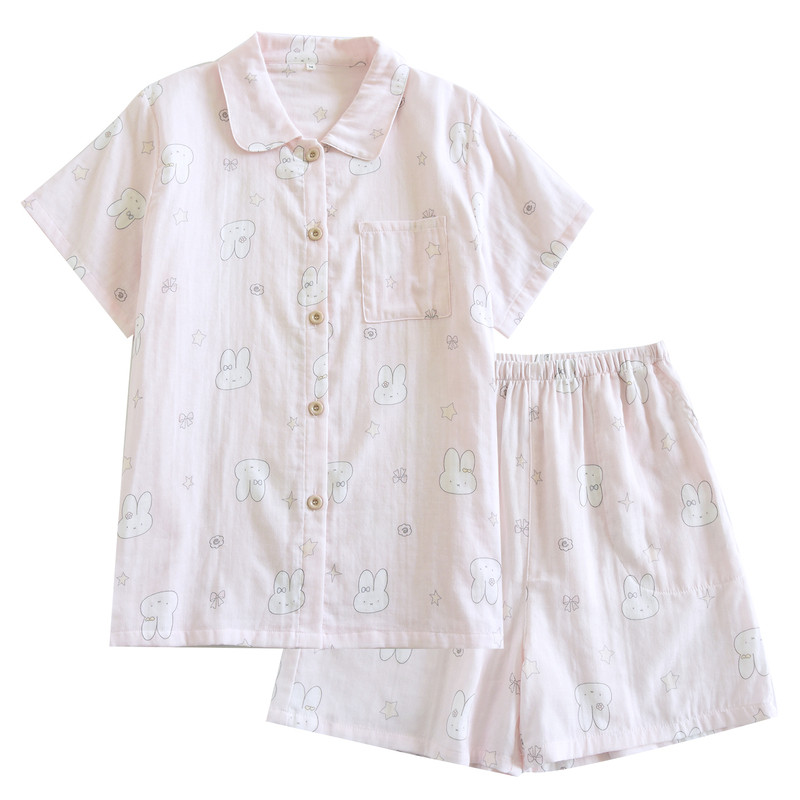 粉心小兔翻领夏季短袖睡衣女士短裤纯棉双层纱布薄款家居服套装
