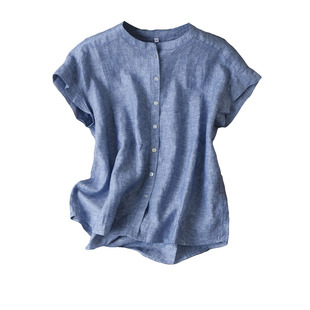 衬肤显白~凉爽巨好看连肩袖减龄显瘦短袖高端全亚麻衬衫上衣女夏