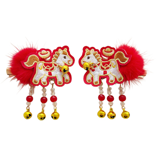 2026新年红色拜年儿童发夹醒狮熊猫发饰古风夹子头饰女童汉服发卡