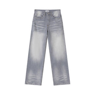 VLABMADE 霜感青灰水洗*复古做旧水波纹猫须A字直筒版型牛仔长裤