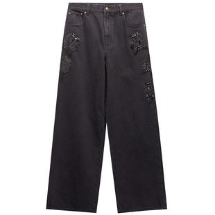 Ed Hardy埃德哈迪春季流行新款米珠珠片钻绣花标宽松女士牛仔长裤