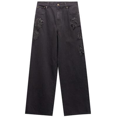 Ed Hardy埃德哈迪春季流行新款米珠珠片钻绣花标宽松女士牛仔长裤