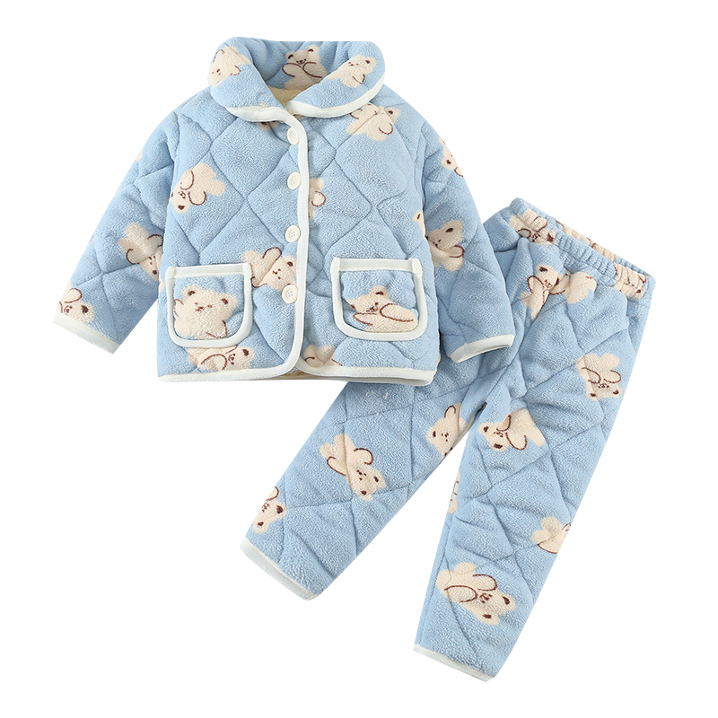 女小童冬季小熊三层加厚棉衣套装2025新款加厚卡通宝宝保暖家居服