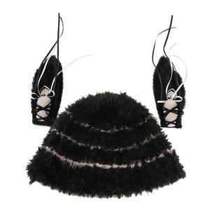 日系蕾丝蝴蝶结毛绒感兔耳帽子辣妹亚比风小众y2k黑白条纹针织帽