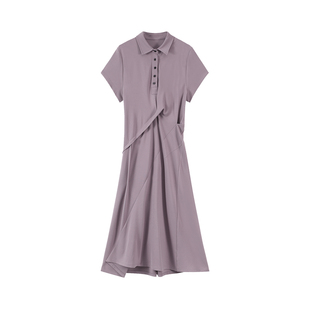 吴童童紫色Polo领不规则T恤连衣裙女夏季韩系设计感修身收腰A字裙