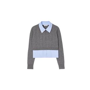 SANDRO秋冬女装法式深灰色撞色可拆卸领仿钻假两件针织毛衣上衣