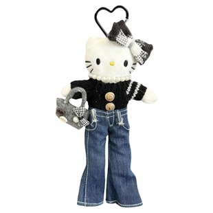 日本正版三丽hello Kitty黑毛衣牛仔阔长腿裤黑皮公仔玩偶包挂件