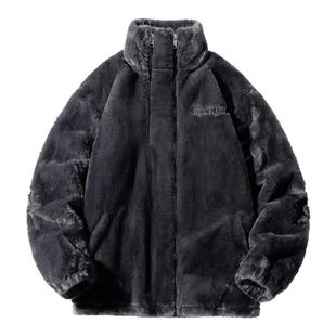 胖胖哥美式刺绣毛绒外套棉服男款冬季棉衣仿兔绒加厚保暖夹克潮