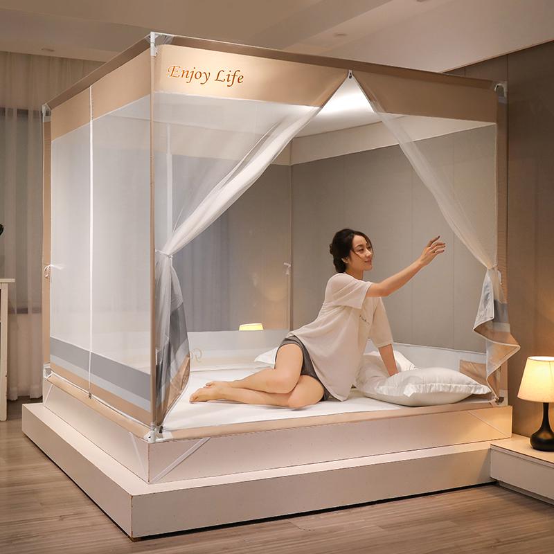 新款T型外穿杆坐床全底蚊帐1.8加密家用3开门儿童防摔拉链方帐1.5