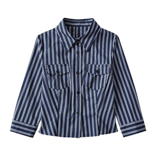 YoungGirlDay辣妹时髦翻领单排扣修身显瘦竖纹收腰长袖衬衫上衣女