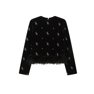 白鹿语刺绣碎花丝绒上衣冬款优雅气质拼接毛条圆领女式衬衫