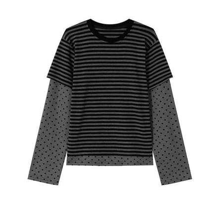波点条纹假两件轻亚风长袖t恤