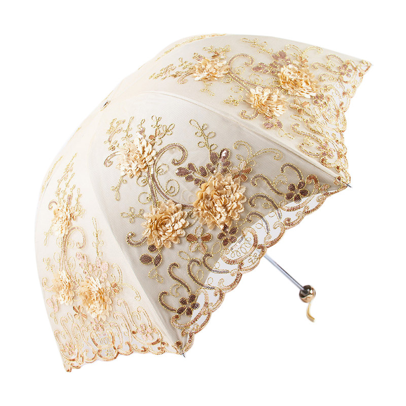 韩版太阳伞女防晒防紫外线蕾丝刺绣三折绣花遮阳黑胶公主晴雨两用