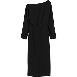 HM女装连衣裙冬季时尚单肩绉纱中长款单肩长裙1197149