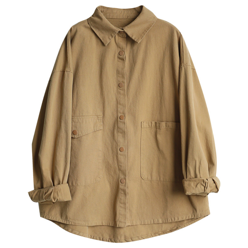 铜扣记棉布外套女文艺宽松大码显瘦休闲百搭风衣韩版春季长袖衬衫