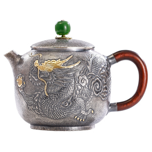 德钟银壶纯银999泡茶壶手工一张打复古银茶壶高工錾刻金龙银茶具
