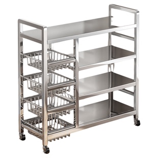 特厚加宽带围栏不锈钢菜篮厨房置物架落地多层微波炉架锅具收纳架