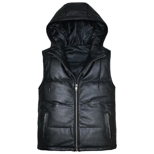 男女真皮羽绒马甲头层牛绵羊皮衣修身连帽休闲夹克坎肩背心外套池