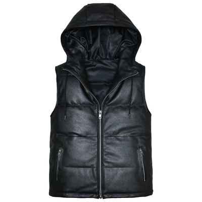 男女羽绒头层牛绵羊连帽真皮马甲