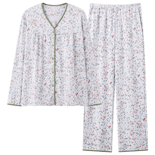 浪莎纯棉睡衣女款秋冬长袖V领中年大码宽松碎花家居服套装两件套